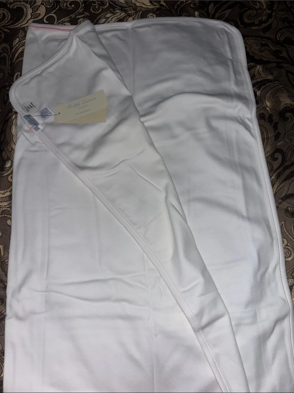 Ralph Lauren White Baby Blanket with Pink Trim and Pony Logo